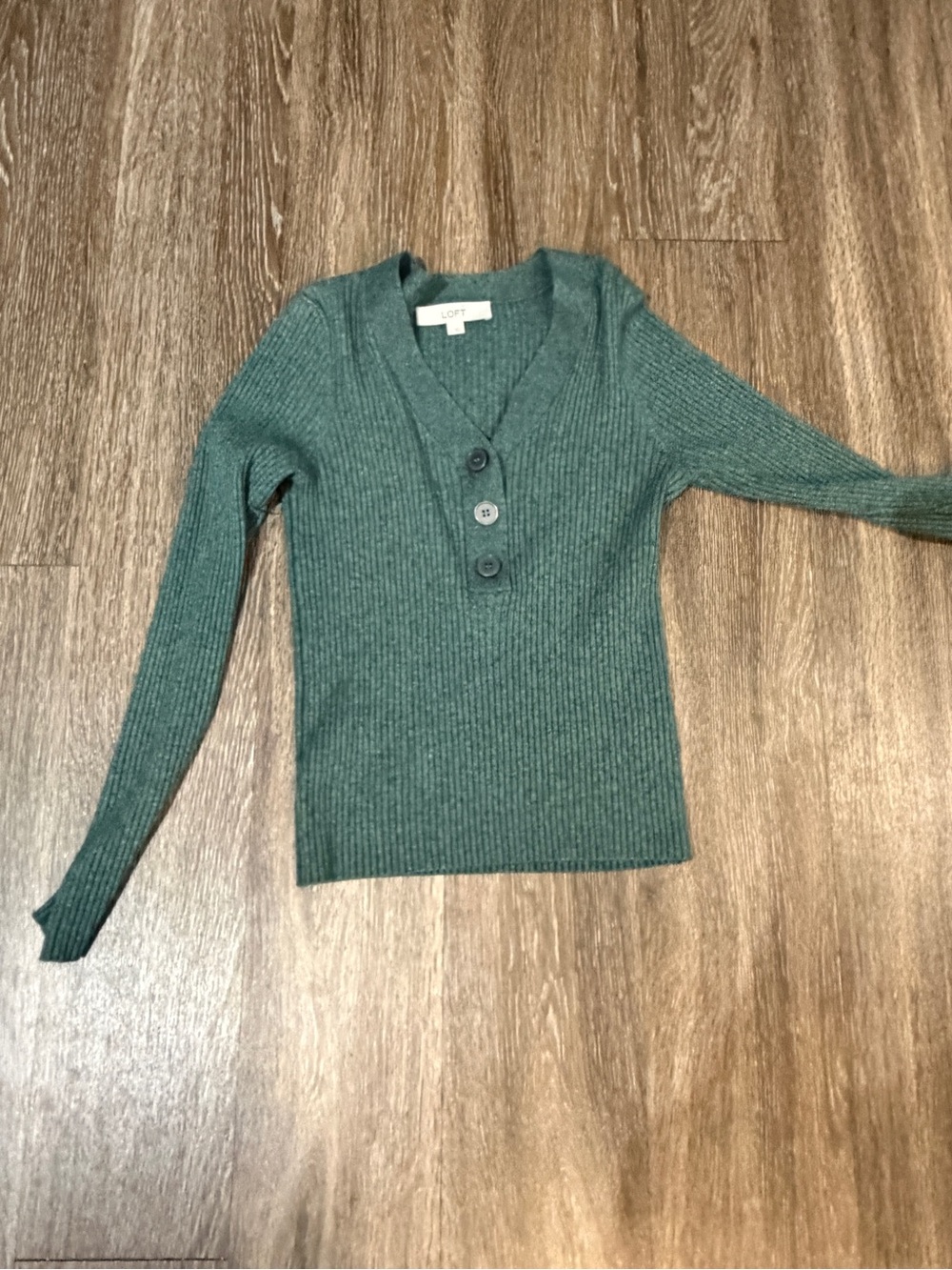 LOFT Teal Green Ribbed V‑Neck Henley Sweater